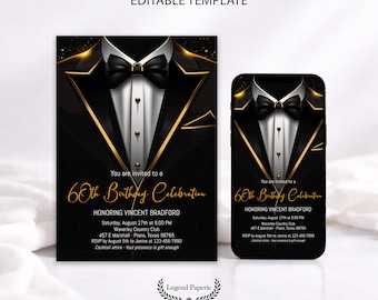 Black Gold Tuxedo Birthday Invitation Men Any Age Elegant Formal Adult Party Editable Template, TUXBG-01