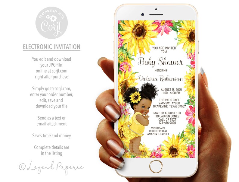 Sunflower Baby Shower InvitationSunflower Baby ShowerElectronic Baby Shower InvitationText Baby Shower InvitationAfro Baby
