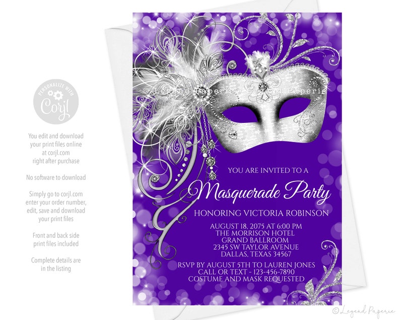 Purple Masquerade Party InvitationMasquerade Birthday Party InvitationsMasquerade Birthday PartyMasquerade Sweet 16Purple