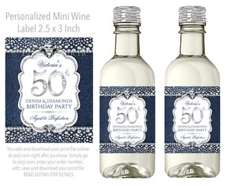Denim and Diamond Wine Labels,Denim Diamond Mini Wine Labels,Denim Diamond Birthday Party,Denim Diamond Birthday Party Wine Labels,Denim,DD1