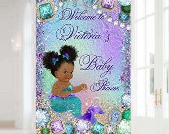 Letrero de bienvenida para baby shower con temática de sirena y afro (61 x 91 cm)