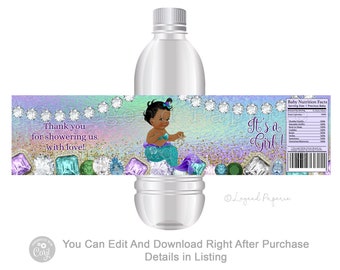 Jewel Mermaid Baby Shower Water Bottle Labels,Mermaid Water Bottle Labels,Mermaid Baby Shower,African American Mermaid,JM2