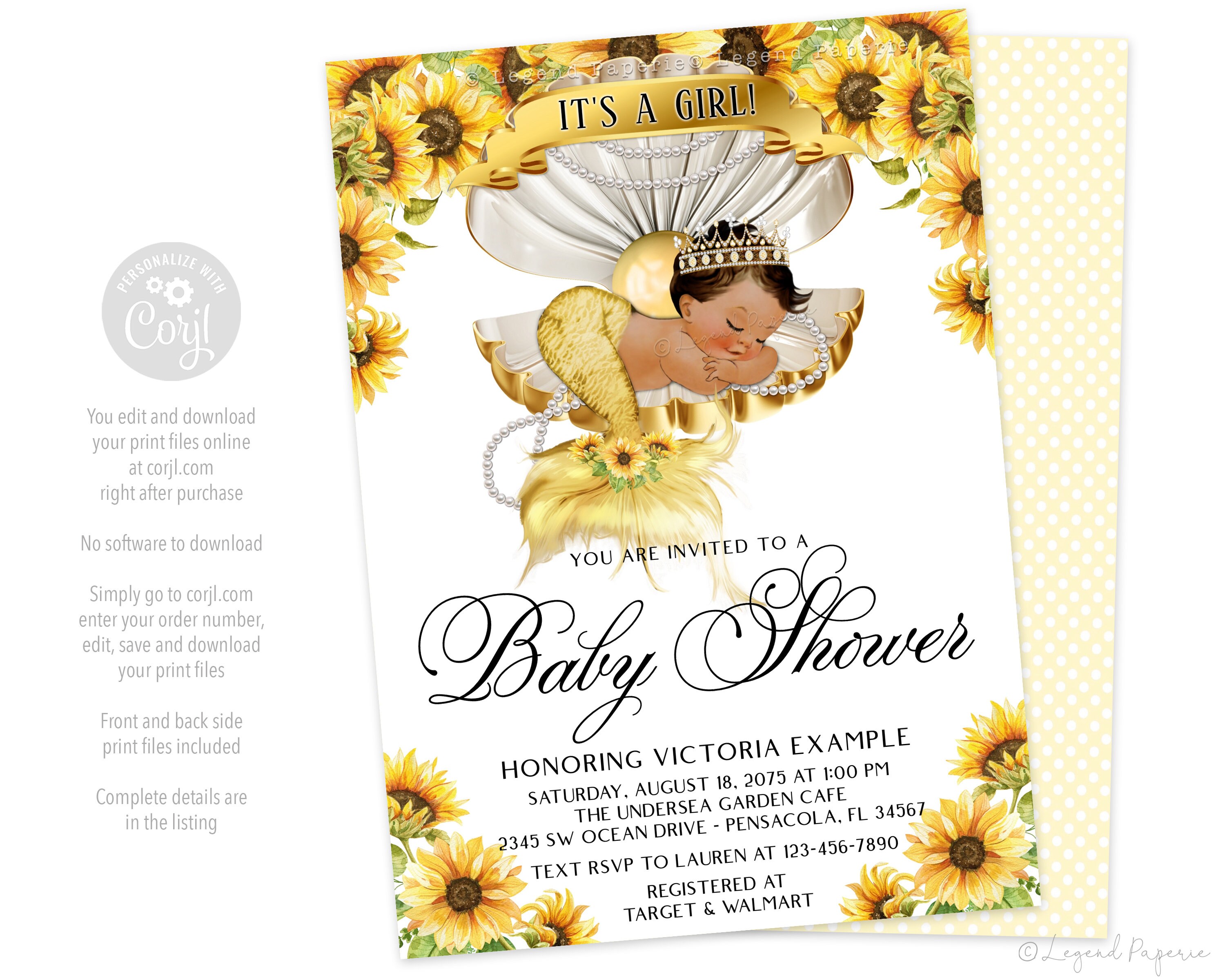 Girl Sunflower Baby Shower Invitationsethnic Mermaid Baby - Etsy India