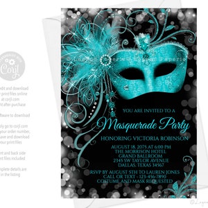 Teal Masquerade Party Invitation: Elegant Mask, Swirl Bokeh (Digital)