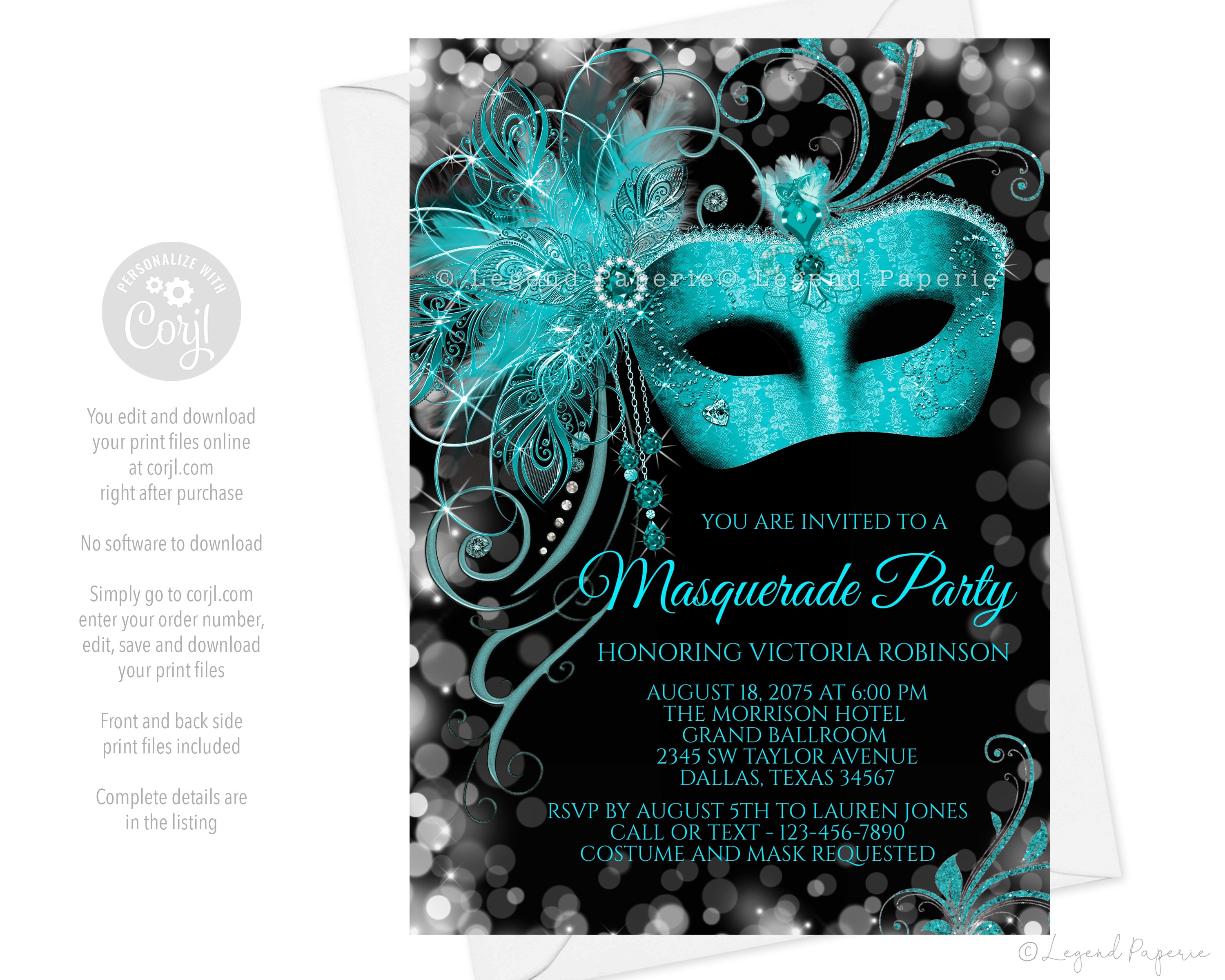 Teal Blue Masquerade Party Invitations,woman Masquerade