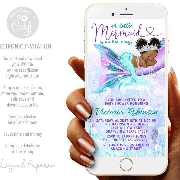 Afro Mermaid Baby Shower Invitations,Electronic Mermaid Baby Shower Invitation,Digital Mermaid Invitations,Mermaid Baby Shower Evite,TMT1