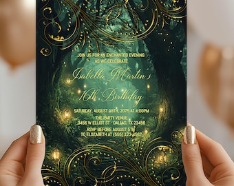Enchanted Forest Invitation: Green & Gold Party Template (Digital Download)