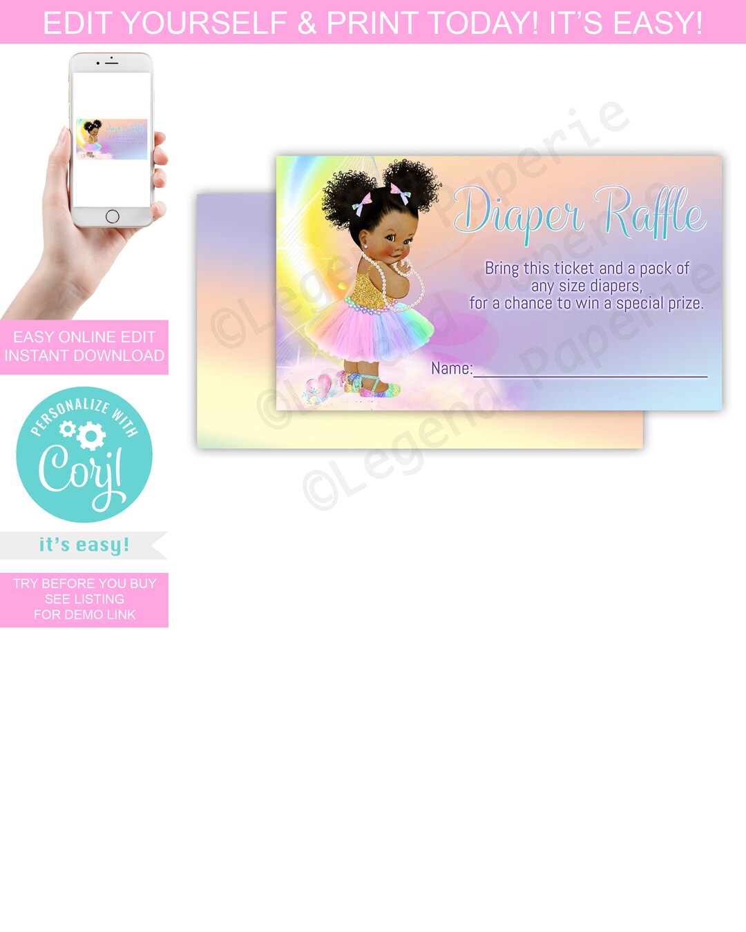 Afrocentric Raffle Rainbow Diaper Raffle Ticket, African American Baby Girl (digital File ...