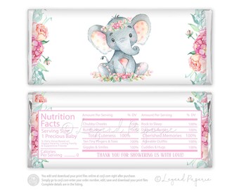 Girl Elephant Baby Shower Candy Bar Wrapper (Digital File)