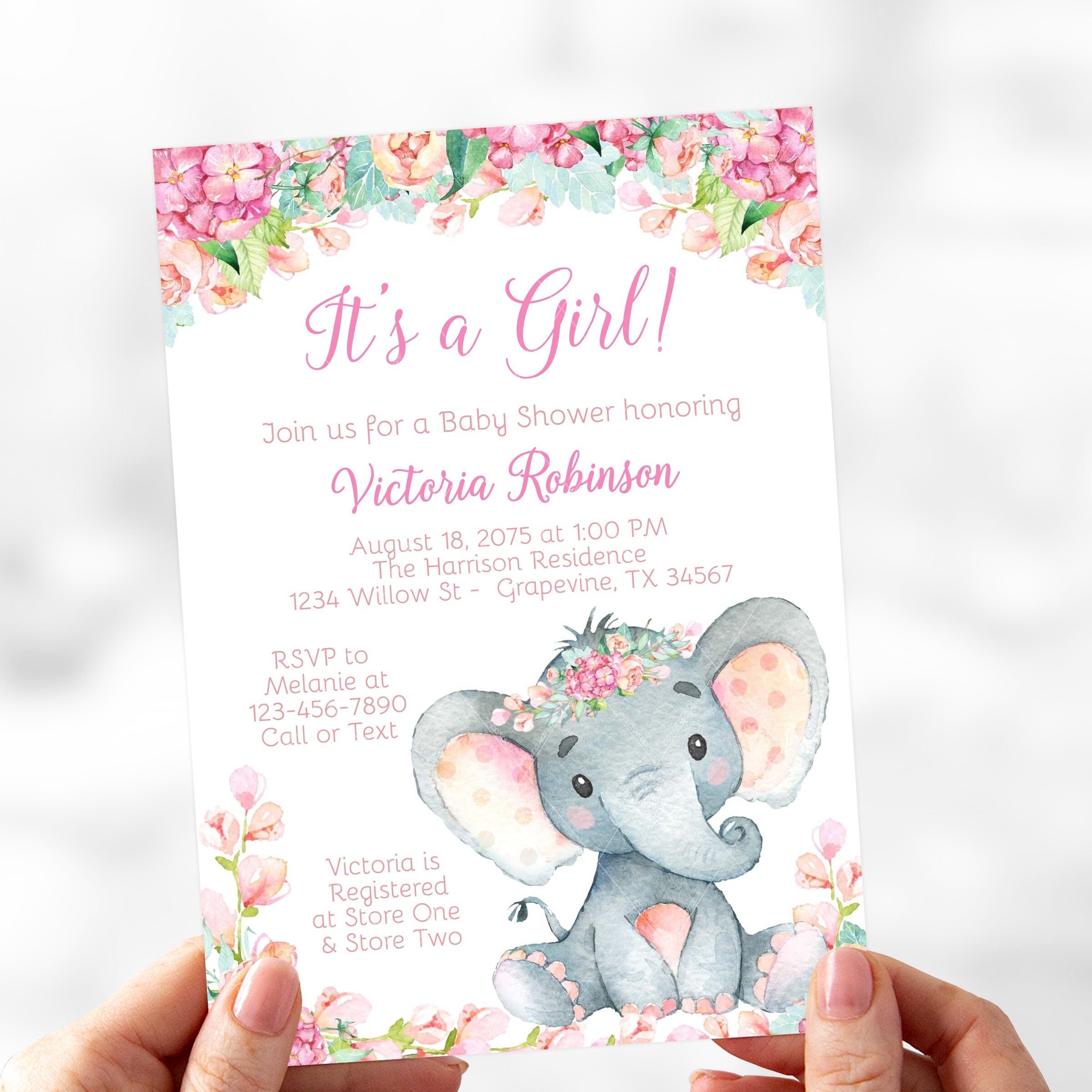 Girl Elephant Baby Shower Invitation Elephant Baby Shower Invitation Girl Watercolor Elephant Baby Shower Invitation Girl
