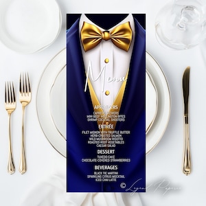Royalblau und Gold Tuxedo Menu Template - Black Tie Event Menu Printable Design - Instant Download, Herrengeburtstag, Black-Tie Party, X4