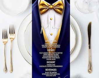 Royal Blue Tuxedo Menu Template: Black Tie Event (Editable Download)