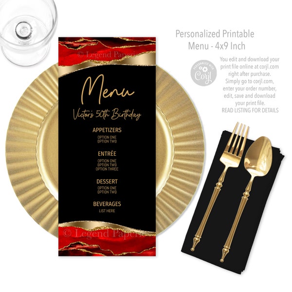 Red Black Gold Menus,Black Red Gold Menus,Red Gold Menu,Womans Red Black Gold Birthday,Mens Red Black Gold Birthday,Menus,Red Black Menu,MR7