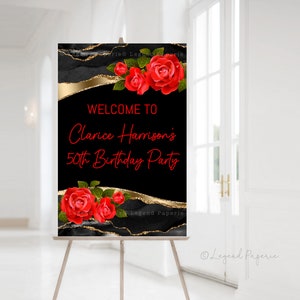 Red Rose Birthday Welcome Sign: Gold Glitter Agate (Digital File)