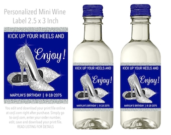 Womans Birthday Mini Wine Bottle Labels,Womans Birthday Wine Labels,Stepping Into,Mini Wine Labels,Royal Blue Silver,Any Background Color