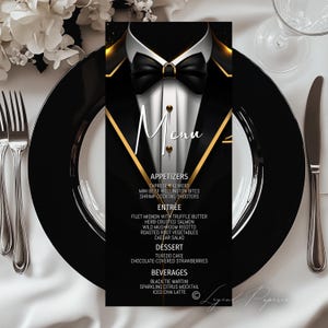 Czarno-złoty szablon menu smokingu - Elegancki projekt menu do druku na formalne wydarzenia, męskie urodziny, imprezę w czarnym krawacie, czarno-złoty smoking, X7