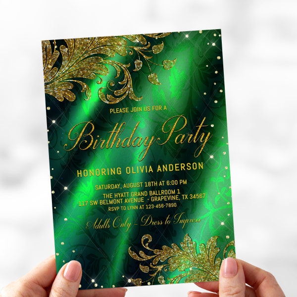 Woman Emerald Green Gold Birthday Party Invitation, Woman Emerald Green Gold Birthday Party, Emerald Green Gold Invitations, Emerald, GG1