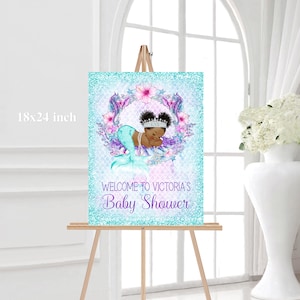 Afro Mermaid Baby Shower Welcome Sign: African American Baby Girl (18x24 inches)