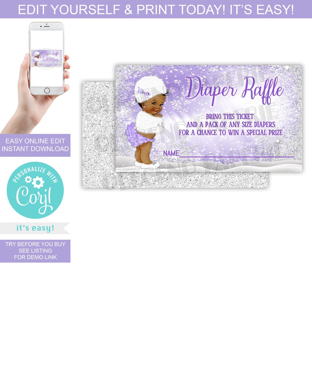 Afrocentric Raffle Winter Wonderland Diaper Raffle Tickets, African American Baby Girl ...
