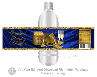 Womans Royal Blue Gold Birthday Party Water Bottle Labels,Womans Royal Blue Gold Birthday Party,Gold High Heel Shoe,Womans Retirement,WB1