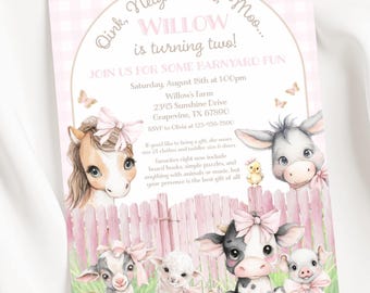 Oink Baa Moo Birthday Invitation, Girl Farm Invite, Farm Animals Instant Download