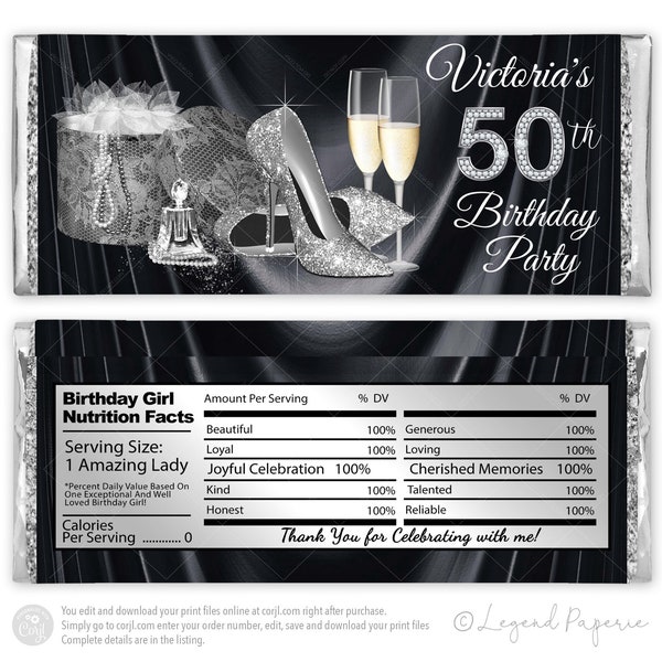 Womans Black Silver Birthday Candy Bar Wrappers,Silver High Heel Shoe,Woman Black Candy Bar Wrapper,Black Silver Birthday Party Favor,PS4