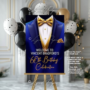 Letrero de bienvenida azul y dorado para hombre, ideal para fiesta de cumpleaños de esmoquin, fiesta de etiqueta, fiesta corporativa, cumpleaños de hombre, 4 unidades
