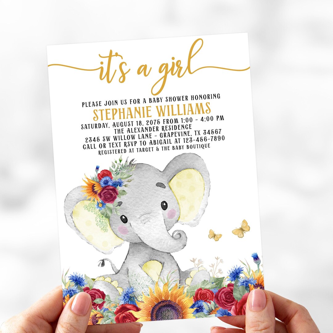 Sunflower Baby Shower Invitation Sunflower Elephant Baby Etsy