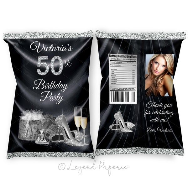 Woman Black Silver Birthday Party Chip Bag Wrappers, Woman Black Chip Bag Wrappers, Woman Photo Chip Bag Wrapper, Black Silver Chip Bag, PS4