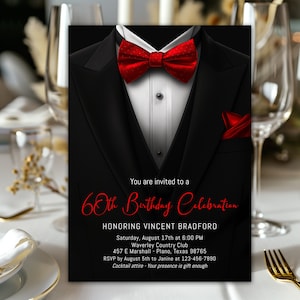 Tuxedo papillon rosso qualsiasi numero compleanno o evento, inviti smoking, inviti compleanno uomo, evento cravatta nera, invito evento aziendale, X2