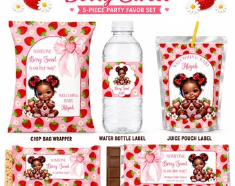 Berry Sweet Baby Shower Favor Bundle Templates, Strawberry Party Favors, Chip Bag, Juice Pouch, Candy Bar, STRBY-01