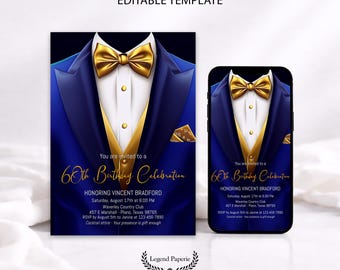 Royal Blue Gold Tuxedo Invitation, Elegant Black Tie Party