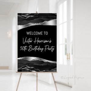 Mans Birthday Party Welcome Sign,Mens Birthday Party Welcome Sign,Mans Black Silver Birthday Party Sign,Black Silver Birthday Welcome,MR6