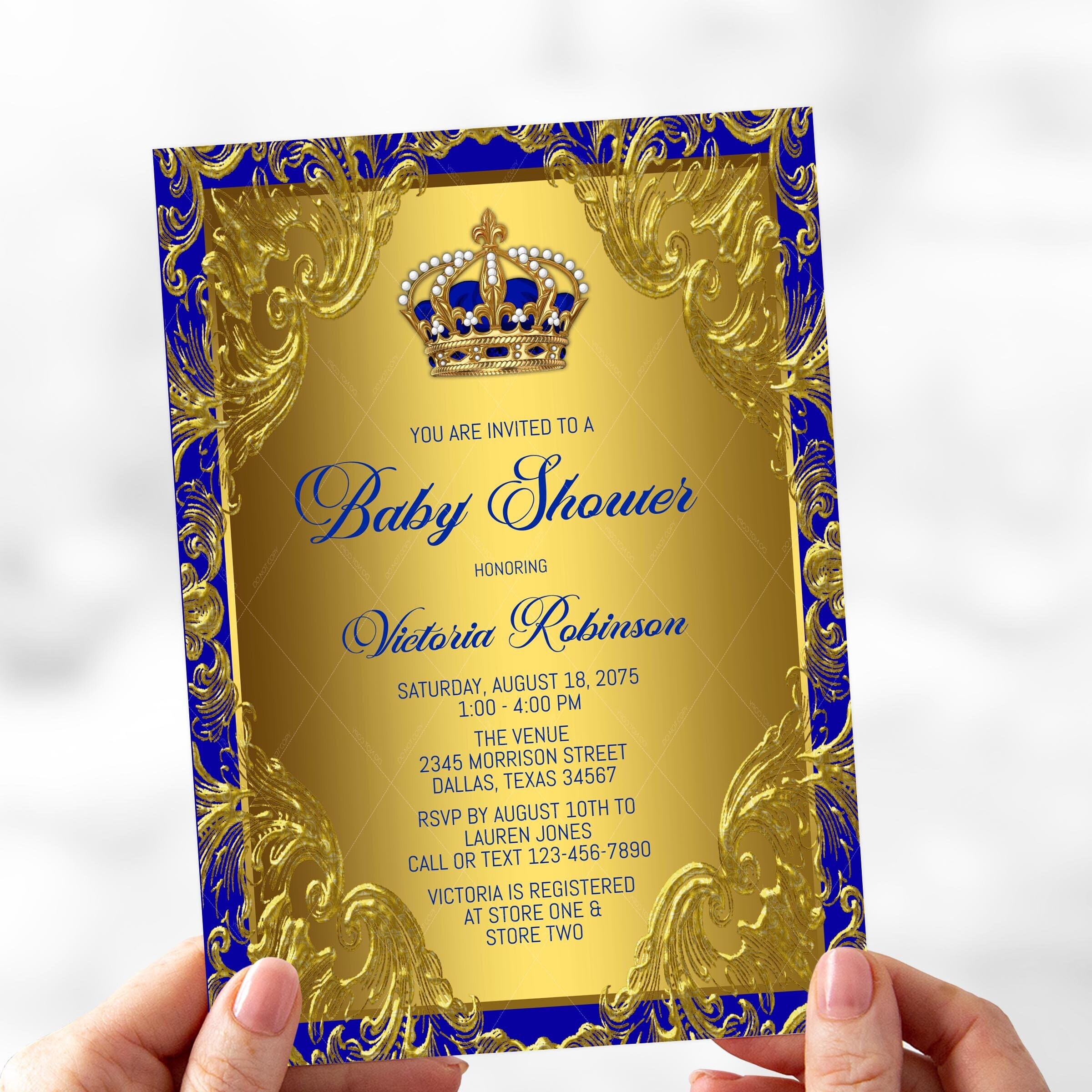 Baby shower invitations royal blue 2025 and gold
