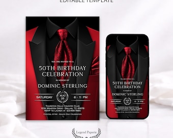 Red Black Tuxedo Birthday Invitation Any Age Black Tie Mens Party Editable Template TUXBG-05