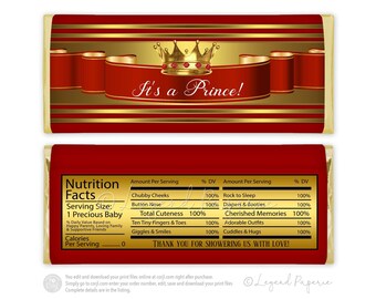 Red Gold Prince Baby Shower Candy Bar Wrapper (Digital File)