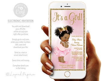 Electronic Princess Baby Shower Invitations,Digital Baby Shower Invitations,Afro Princess Baby Shower Invitations,Text Invitations,Tutu,PTU1