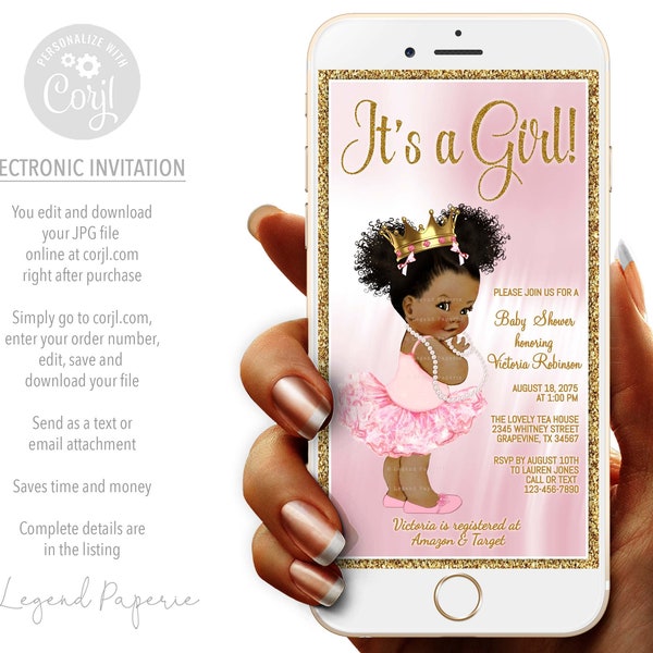 Electronic Princess Baby Shower Invitations,Digital Baby Shower Invitations,Afro Princess Baby Shower Invitations,Text Invitations,Tutu,PTU1