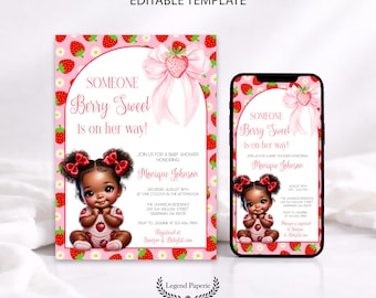 Invito per baby shower a tema fragole e frutti di bosco per bambina, Afro Baby, modificabile, Corjl, STRBY-01
