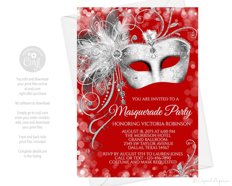 Red Masquerade Party InvitationMasquerade Birthday Party InvitationsRed Masquerade Birthday PartyMasquerade Sweet 16Red Sweet