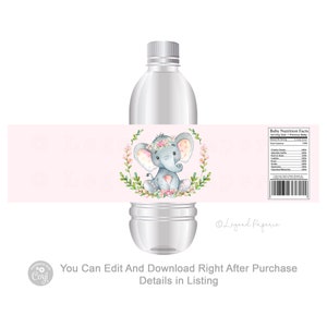 Étiquettes de bouteille d&#39;eau de baby shower éléphant fille, Étiquette de bouteille d&#39;eau éléphant fille, Shower de bébé éléphant fille, Étiquettes de bouteille d&#39;eau éléphant, fille