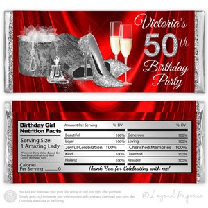 Red Silver Birthday Candy Bar Wrappers: High Heel Shoe Favor (Digital File)
