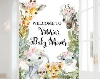 Girl Safari Baby Shower Welcome Sign: Pink Floral Animals (Digital Download)
