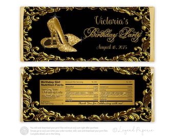 Womans Black Gold Birthday Candy Bar Wrappers,Gold High Heel Shoes,Black Gold,Any Number,Any Background Color,Womans Candy Bar Wrapper,GSB1