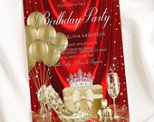 Red and Gold Woman’s Birthday Invitation – Digital Party Template with Gold Shoe Design