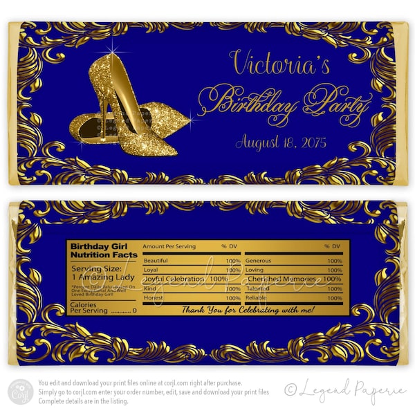 Womans Blue Gold Birthday Candy Bar Wrapper,Gold High Heel Shoes,Any Number,Any Background Color,Shoe,Womans Blue Gold Candy Bar Wrapper,GS9