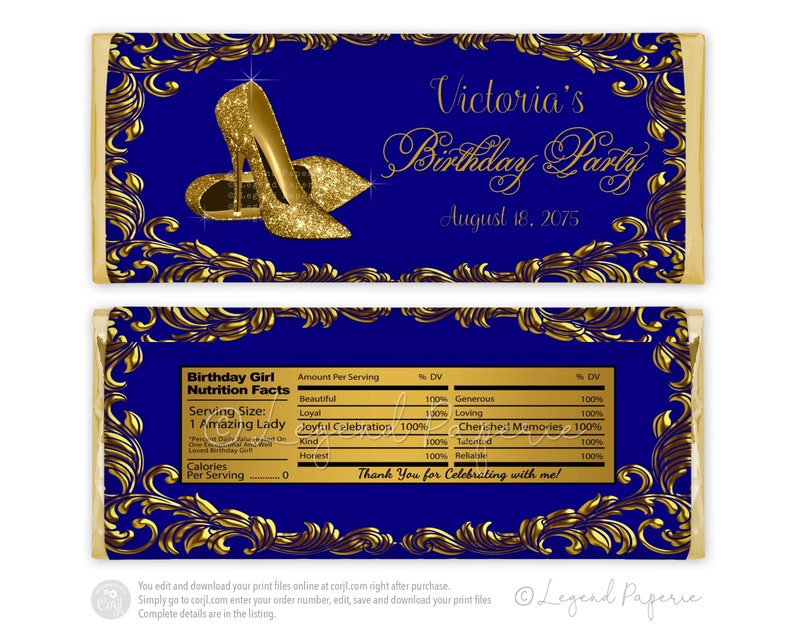 Womans Blue Gold Birthday Candy Bar Wrapper,Gold High Heel Shoes,Any Number,Any Background Color,Shoe,Womans Blue Gold Candy Bar Wrapper,GS9 image 1