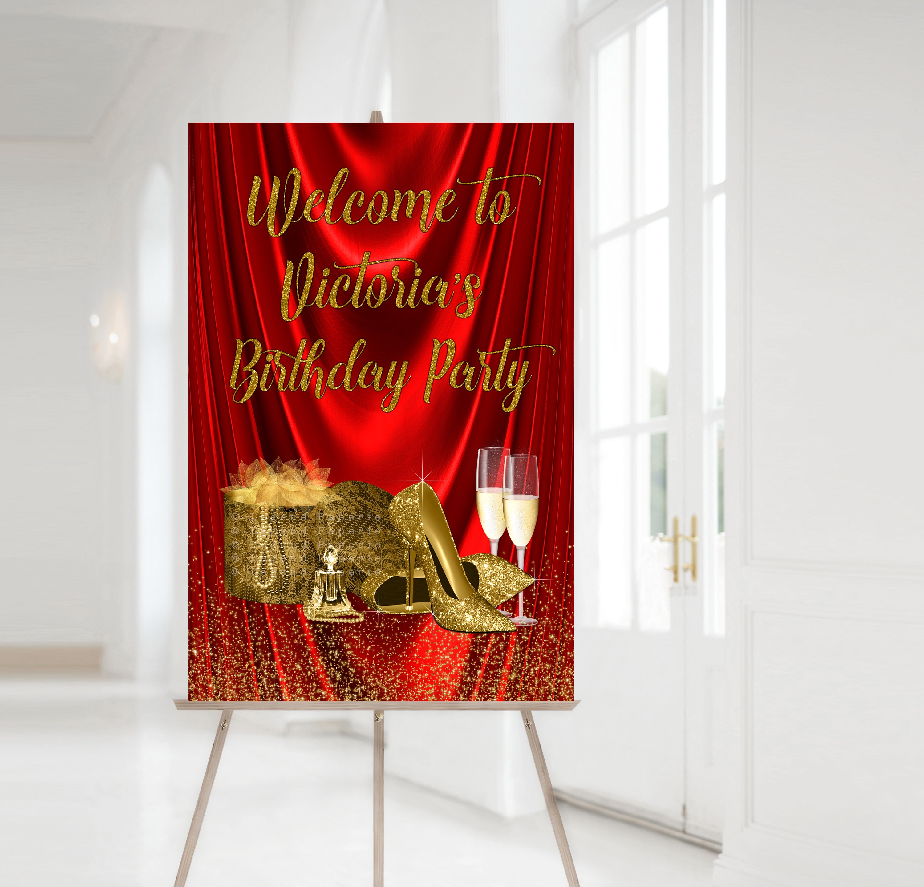 Red and Gold Birthday Party Welcome Sign (Digital Download)