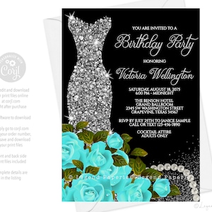 Teal Blue Einladungen zur Geburtstagsparty: Silber Glitzer Kleid, Blaue Rosen