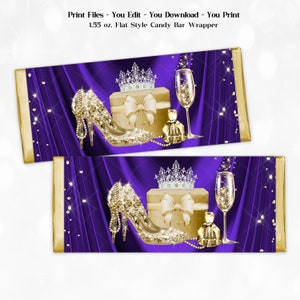 Womans Purple Gold Birthday Candy Bar Wrapper, Purple Gold Candy Bar Wrapper, Gold Shoe Birthday Party, Purple Gold Birthday Party, BN22S